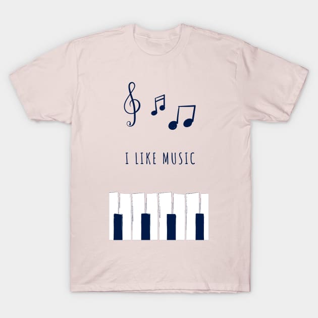 Illustration of notes and piano "I like music" T-Shirt by Vapison